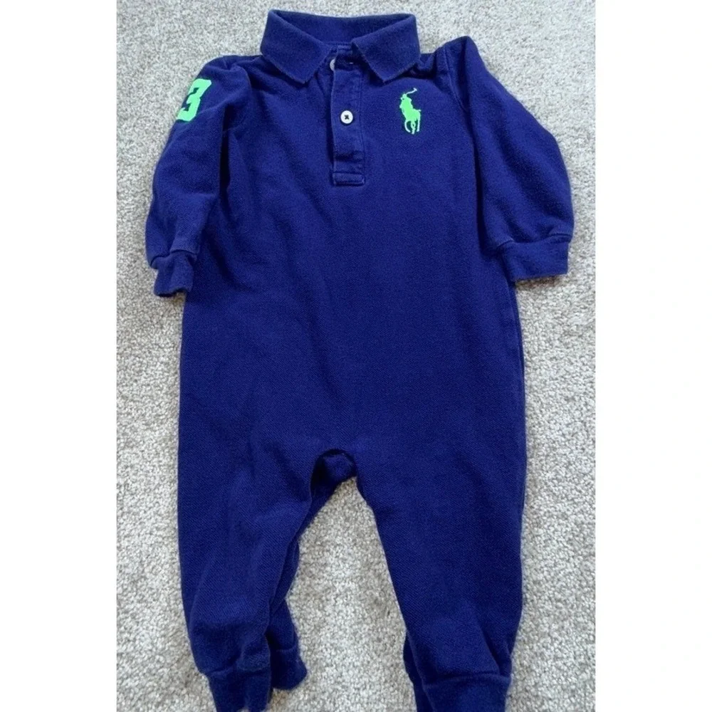 Ralph Lauren Baby Boy Navy Blue Neon Green Big Pony Long Sleeve Polo Romper 9M
